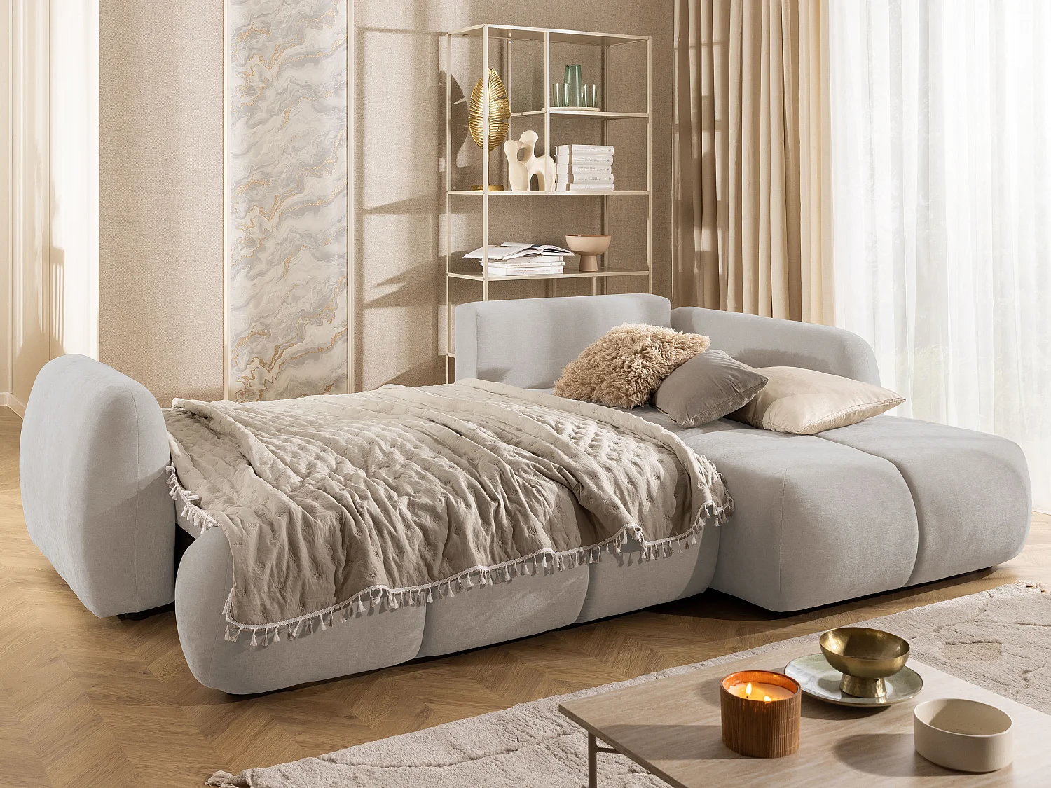 Canapé d’angle avec fonction couchage en tissu tissé LORETTO