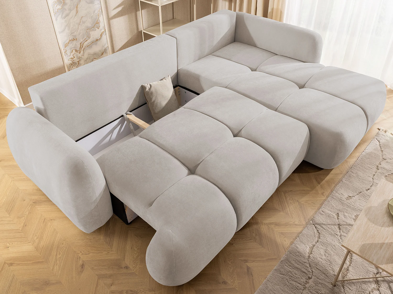 Canapé d’angle avec fonction couchage en tissu tissé LORETTO