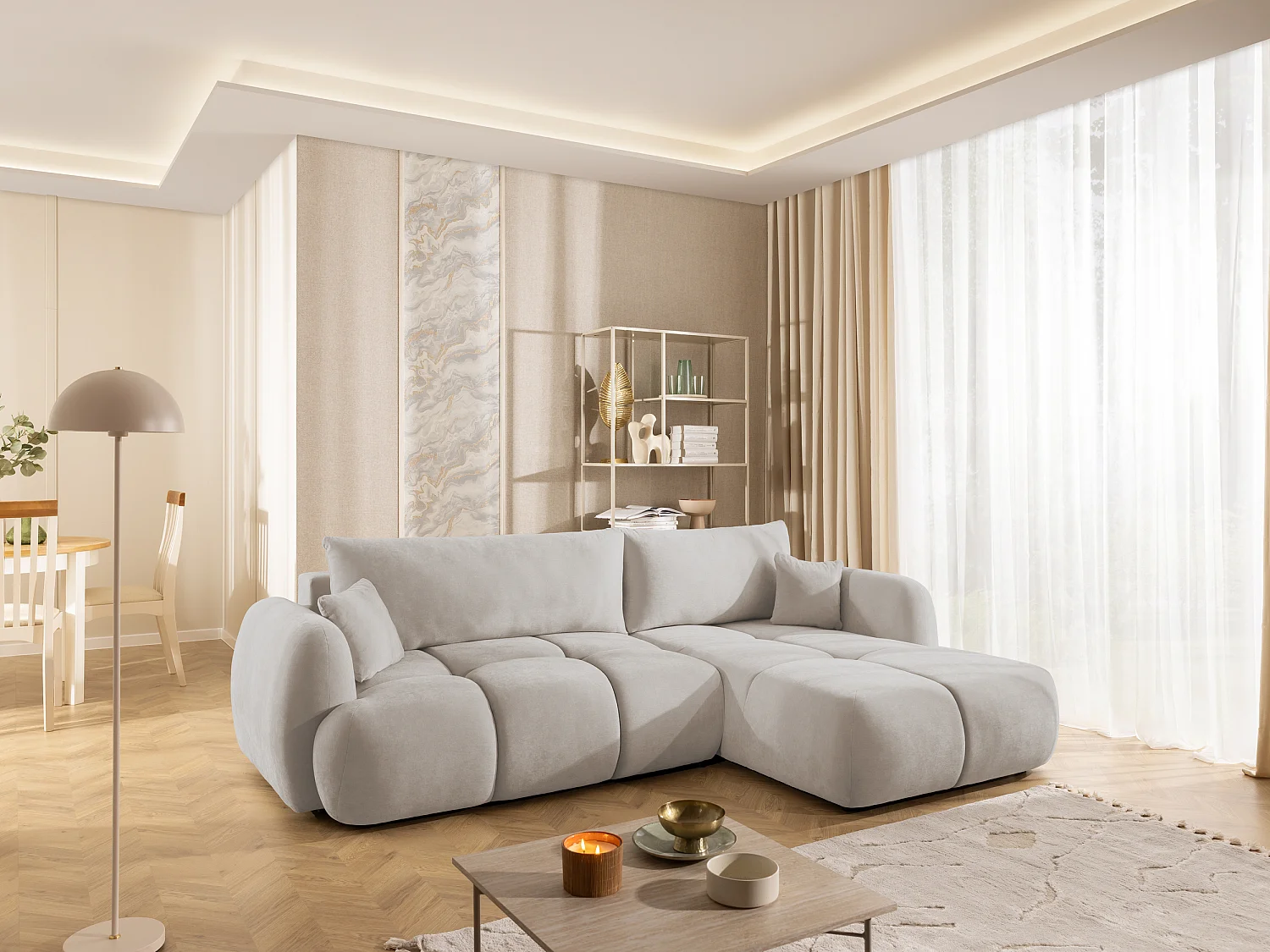 Canapé d’angle avec fonction couchage en tissu tissé LORETTO