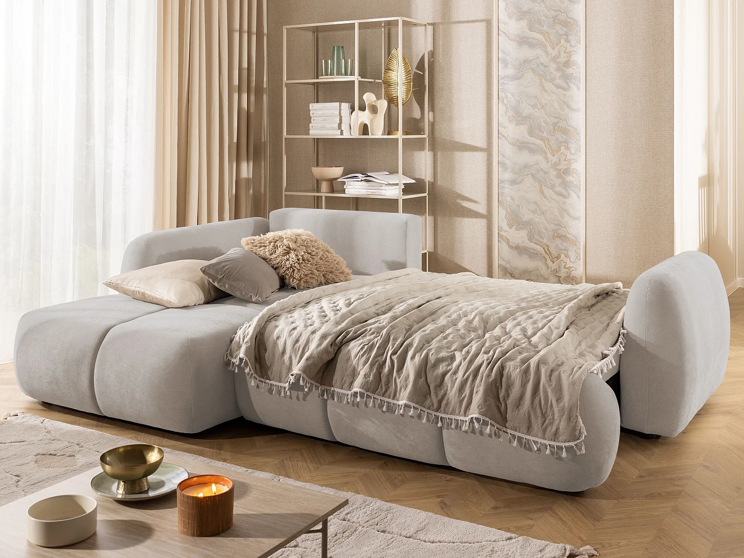 Canapé d’angle avec fonction couchage en tissu tissé LORETTO