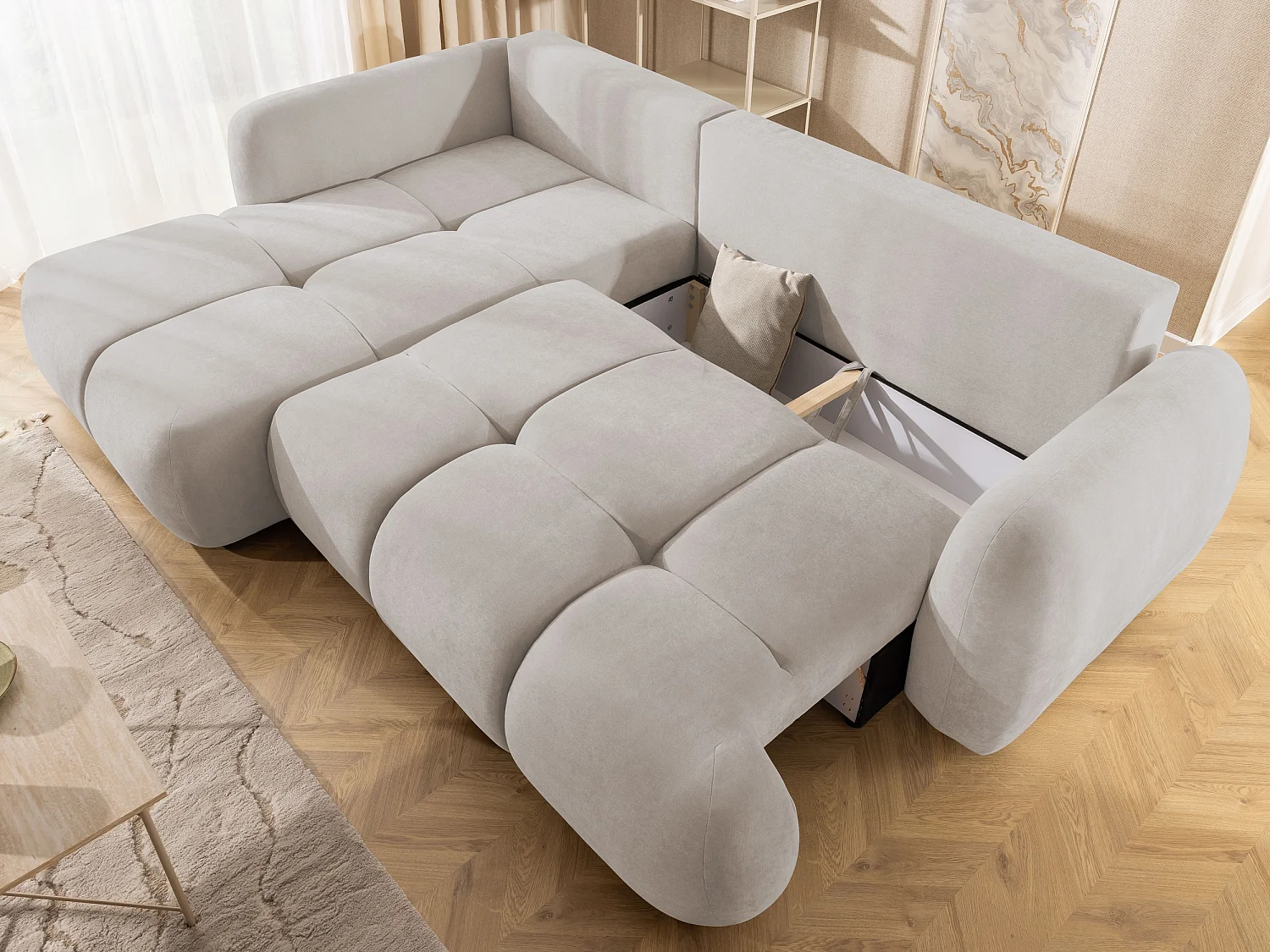 Canapé d’angle avec fonction couchage en tissu tissé LORETTO