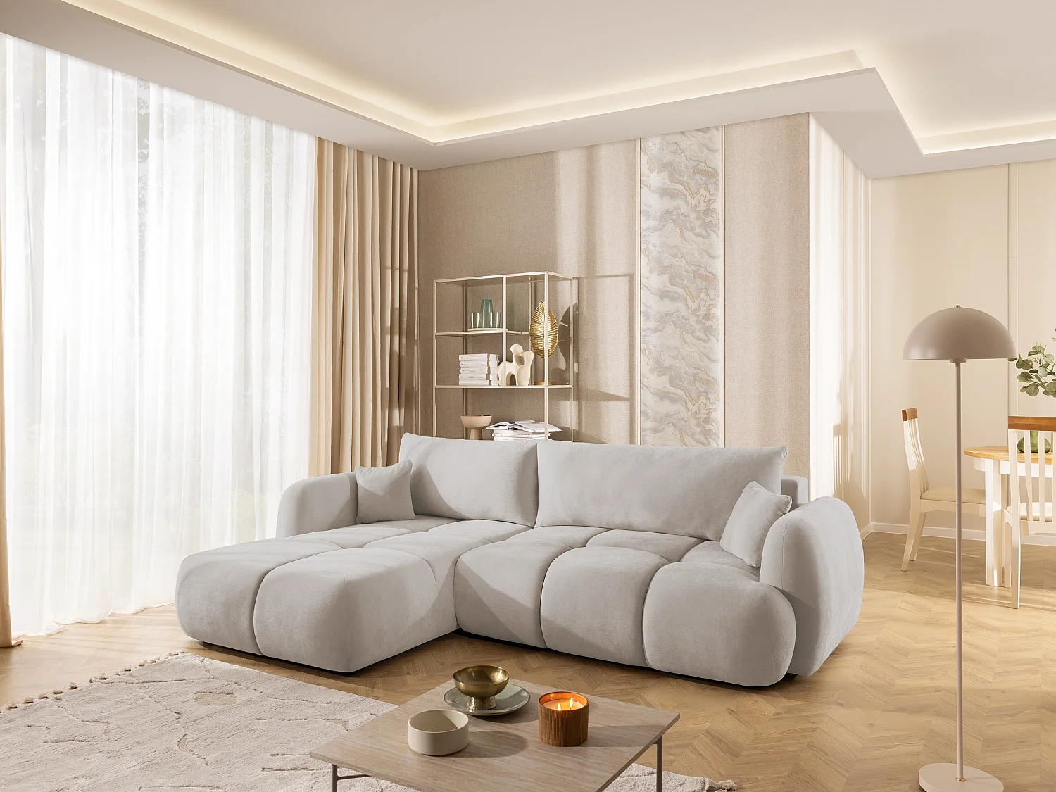 Canapé d’angle avec fonction couchage en tissu tissé LORETTO