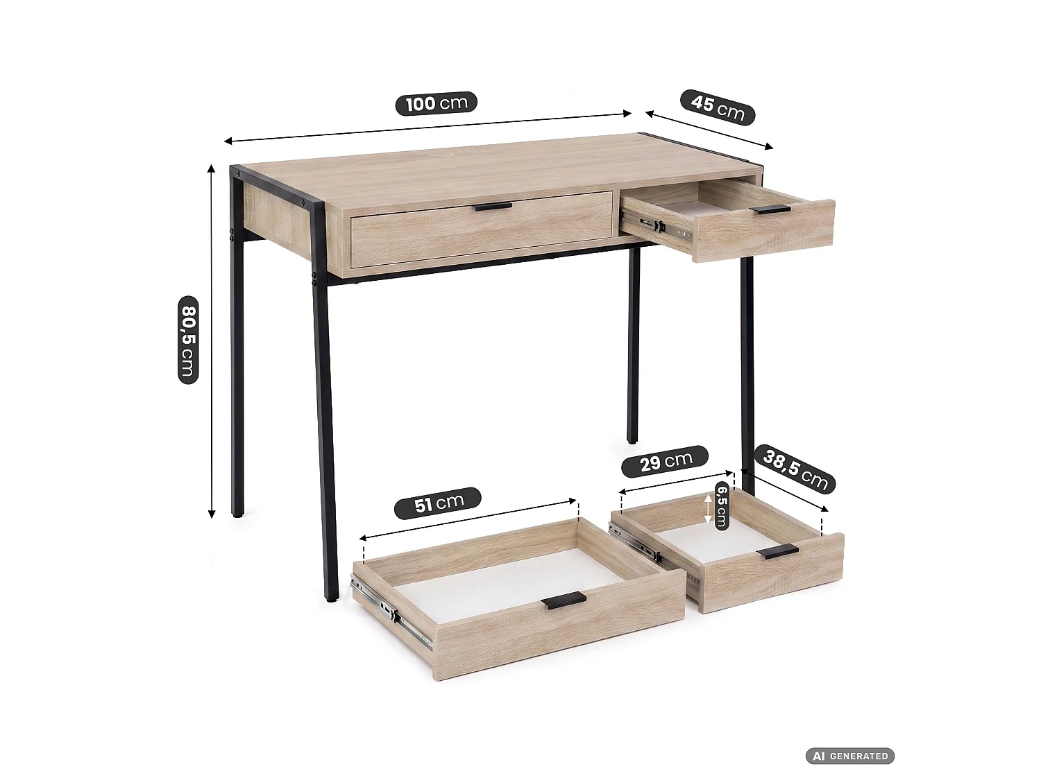 Industrieel computerbureau Sonoma eiken ZENTIA 100 cm 2 lades Zwarte poten