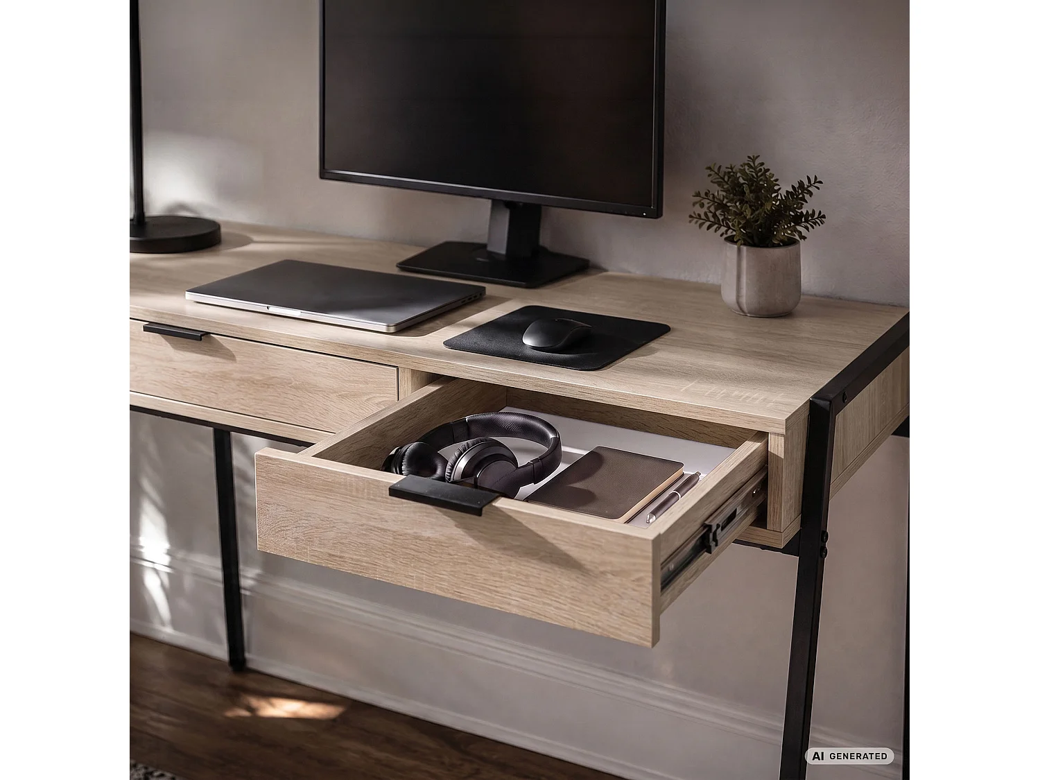 Industrieel computerbureau Sonoma eiken ZENTIA 100 cm 2 lades Zwarte poten