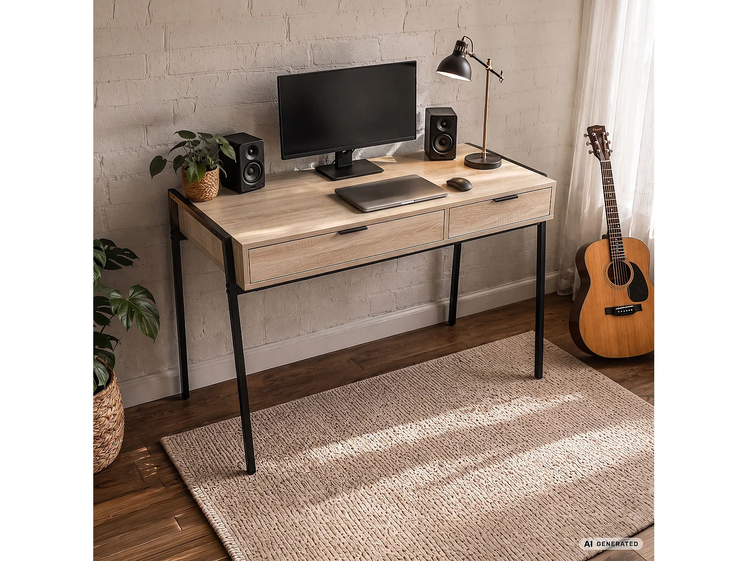 Industrieel computerbureau Sonoma eiken ZENTIA 100 cm 2 lades Zwarte poten