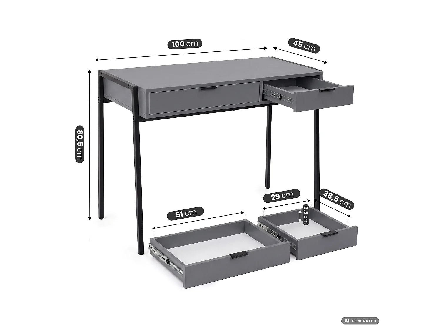 Industrieel computerbureau Grafiet ZENTIA 100 cm 2 lades Zwarte poten