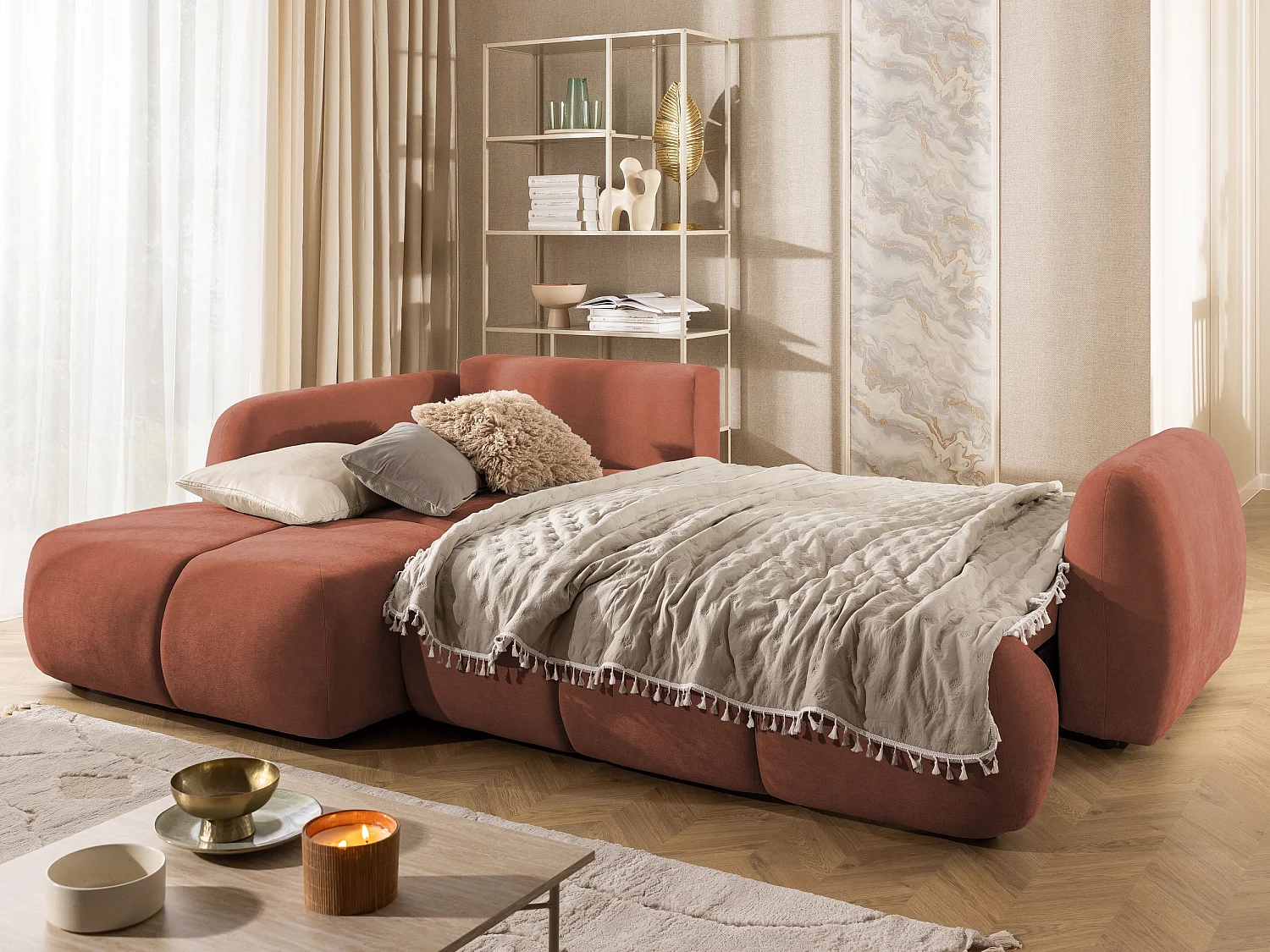 Canapé d’angle avec fonction couchage en tissu tissé LORETTO