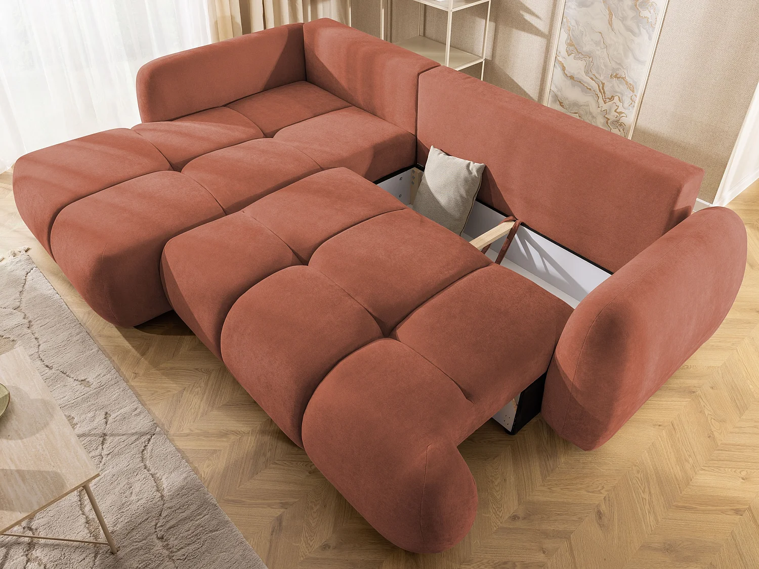 Canapé d’angle avec fonction couchage en tissu tissé LORETTO