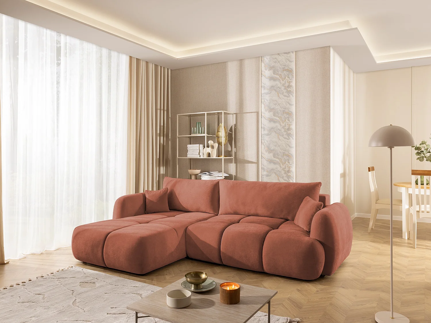 Canapé d’angle avec fonction couchage en tissu tissé LORETTO