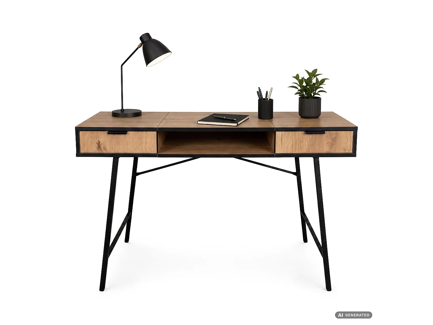Industrieel computerbureau Craft eiken ARDEN 120 cm 2 lades 1 plank Zwarte poten