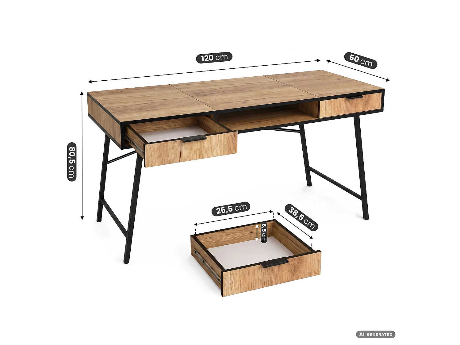 Industrieel computerbureau Craft eiken ARDEN 120 cm 2 lades 1 plank Zwarte poten