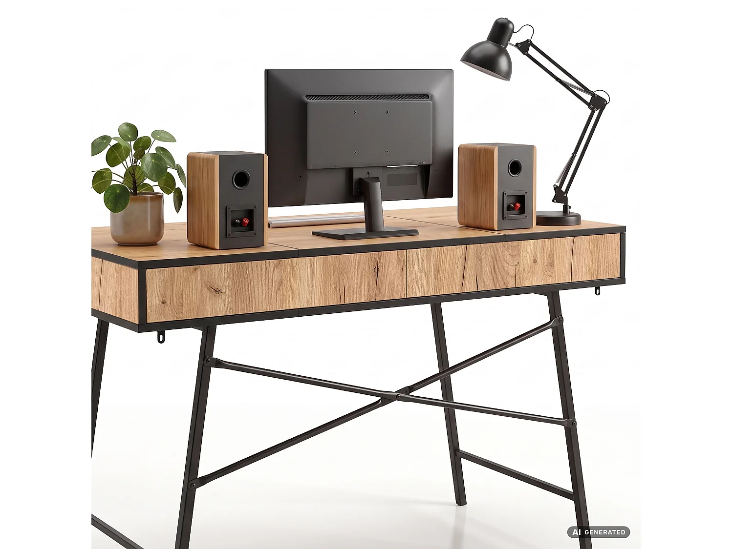 Industrieel computerbureau Craft eiken ARDEN 120 cm 2 lades 1 plank Zwarte poten
