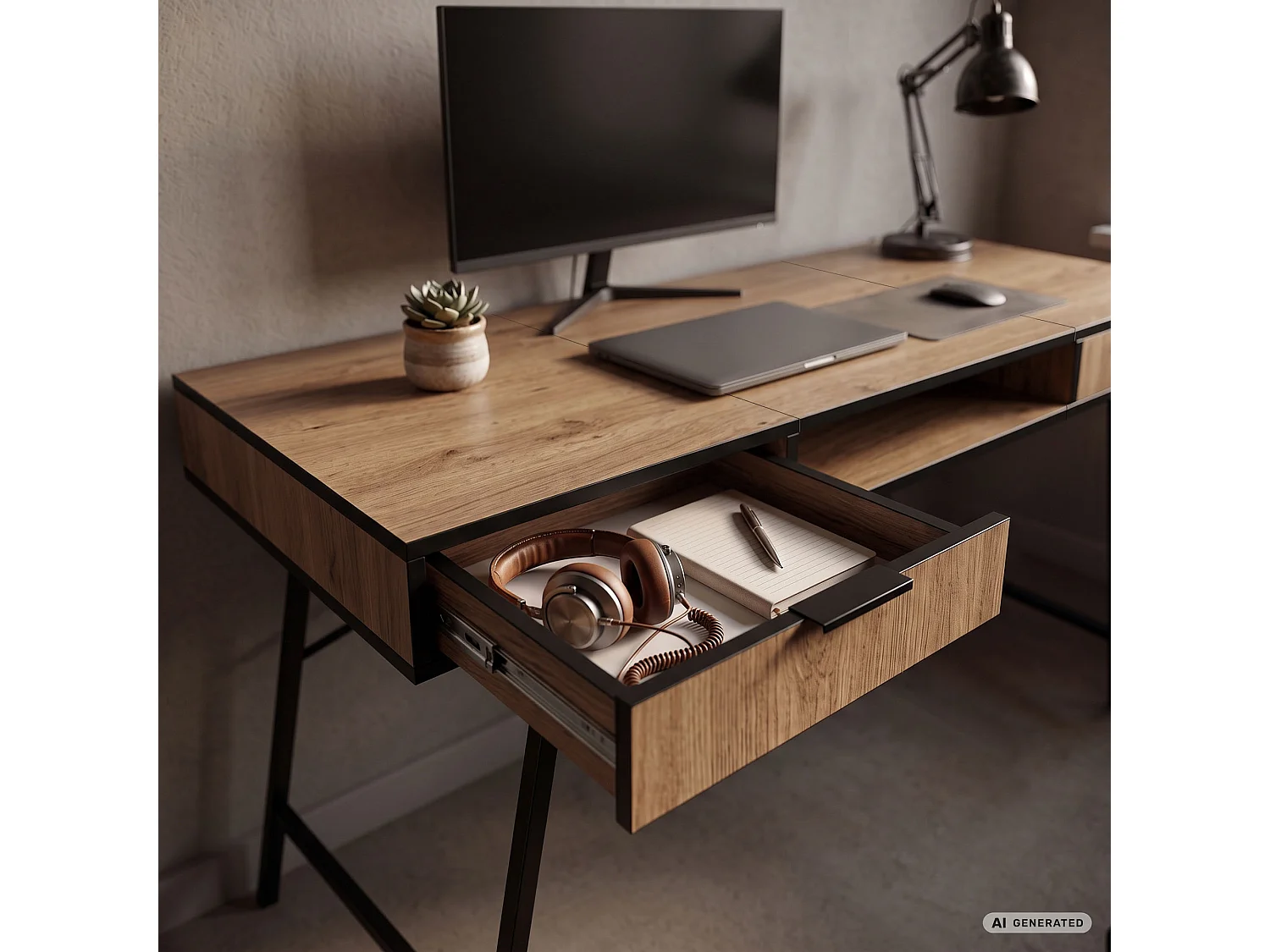 Industrieel computerbureau Craft eiken ARDEN 120 cm 2 lades 1 plank Zwarte poten