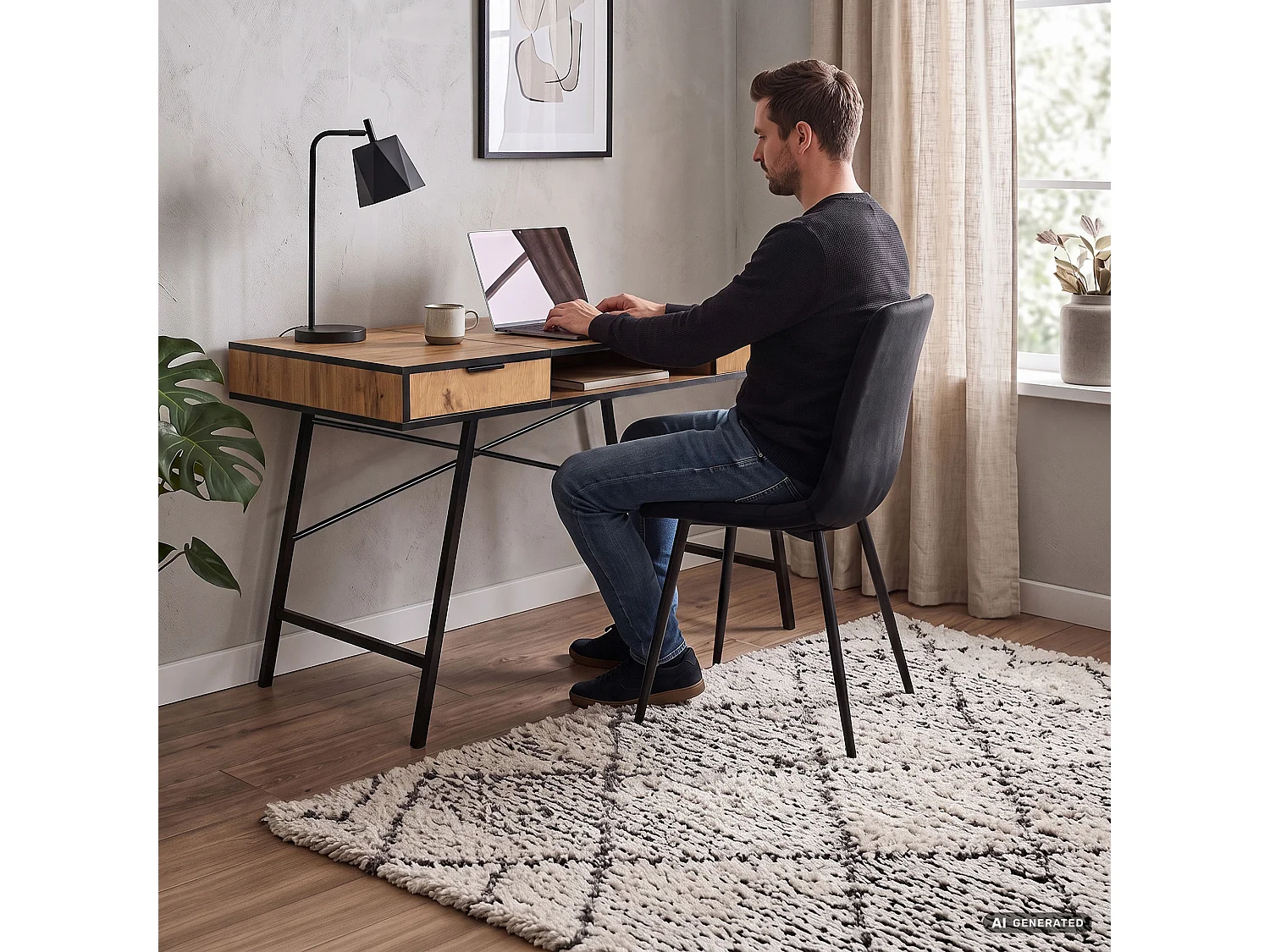 Industrieel computerbureau Craft eiken ARDEN 120 cm 2 lades 1 plank Zwarte poten