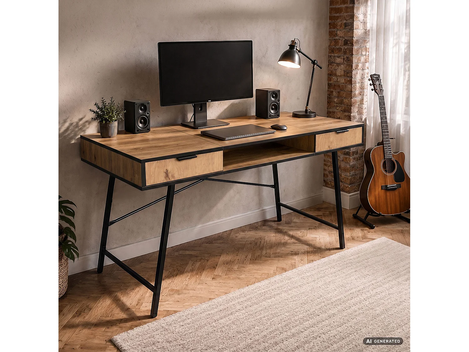 Industrieel computerbureau Craft eiken ARDEN 120 cm 2 lades 1 plank Zwarte poten