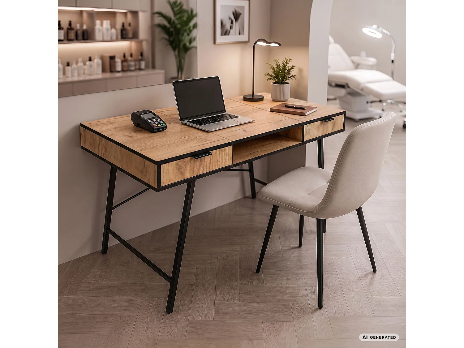 Industrieel computerbureau Craft eiken ARDEN 120 cm 2 lades 1 plank Zwarte poten