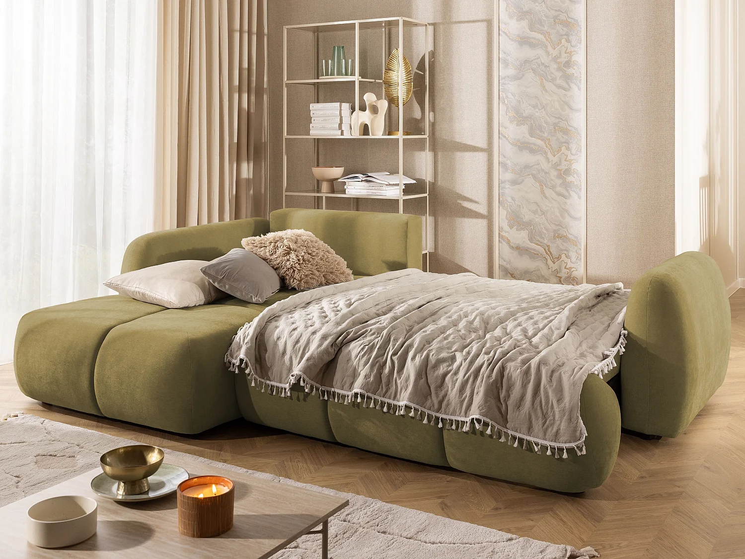 Canapé d’angle avec fonction couchage en tissu tissé LORETTO