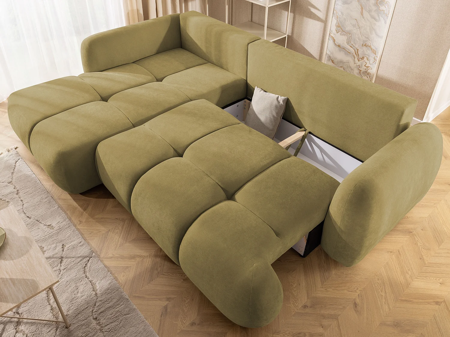 Canapé d’angle avec fonction couchage en tissu tissé LORETTO