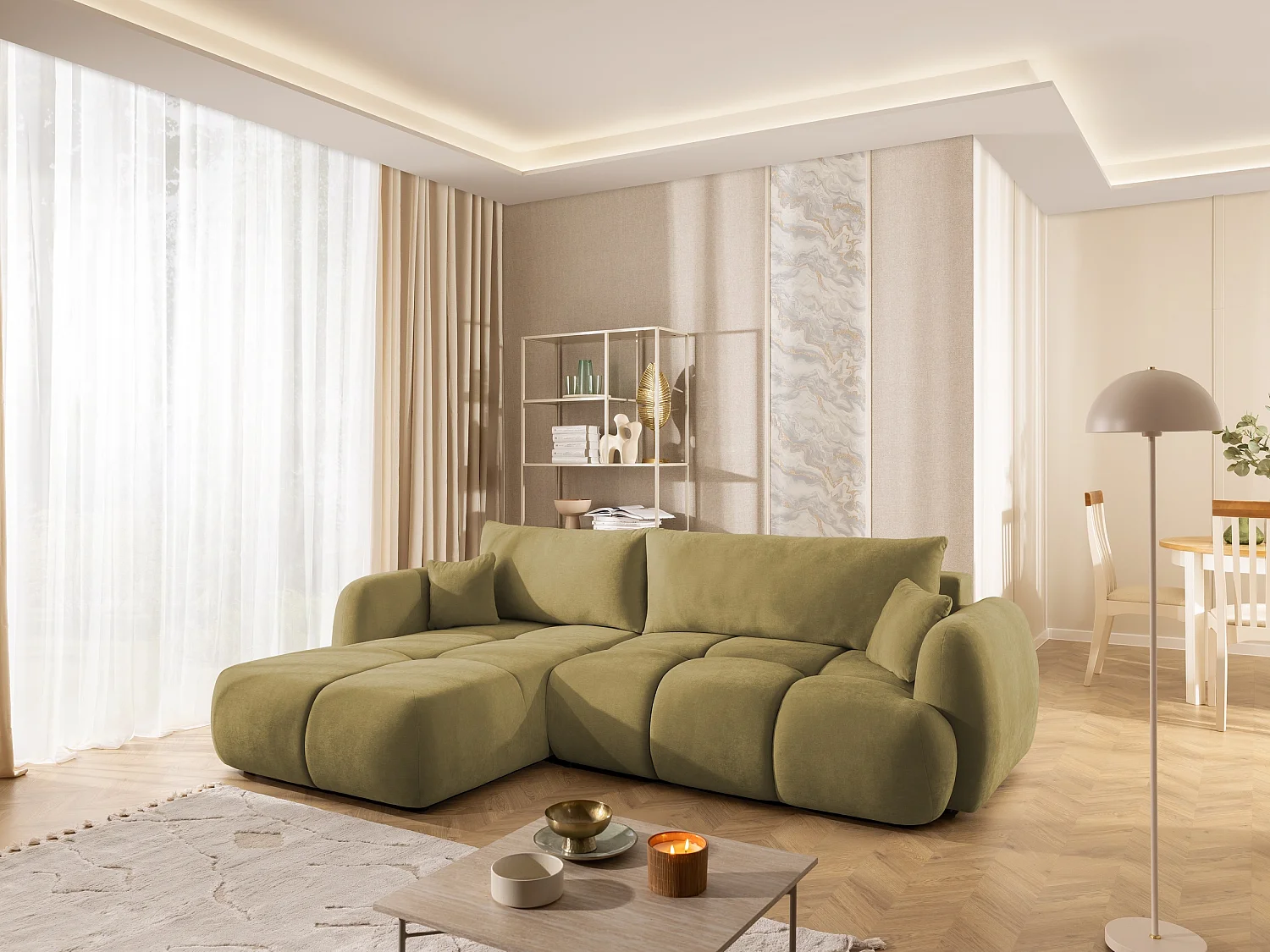 Canapé d’angle avec fonction couchage en tissu tissé LORETTO