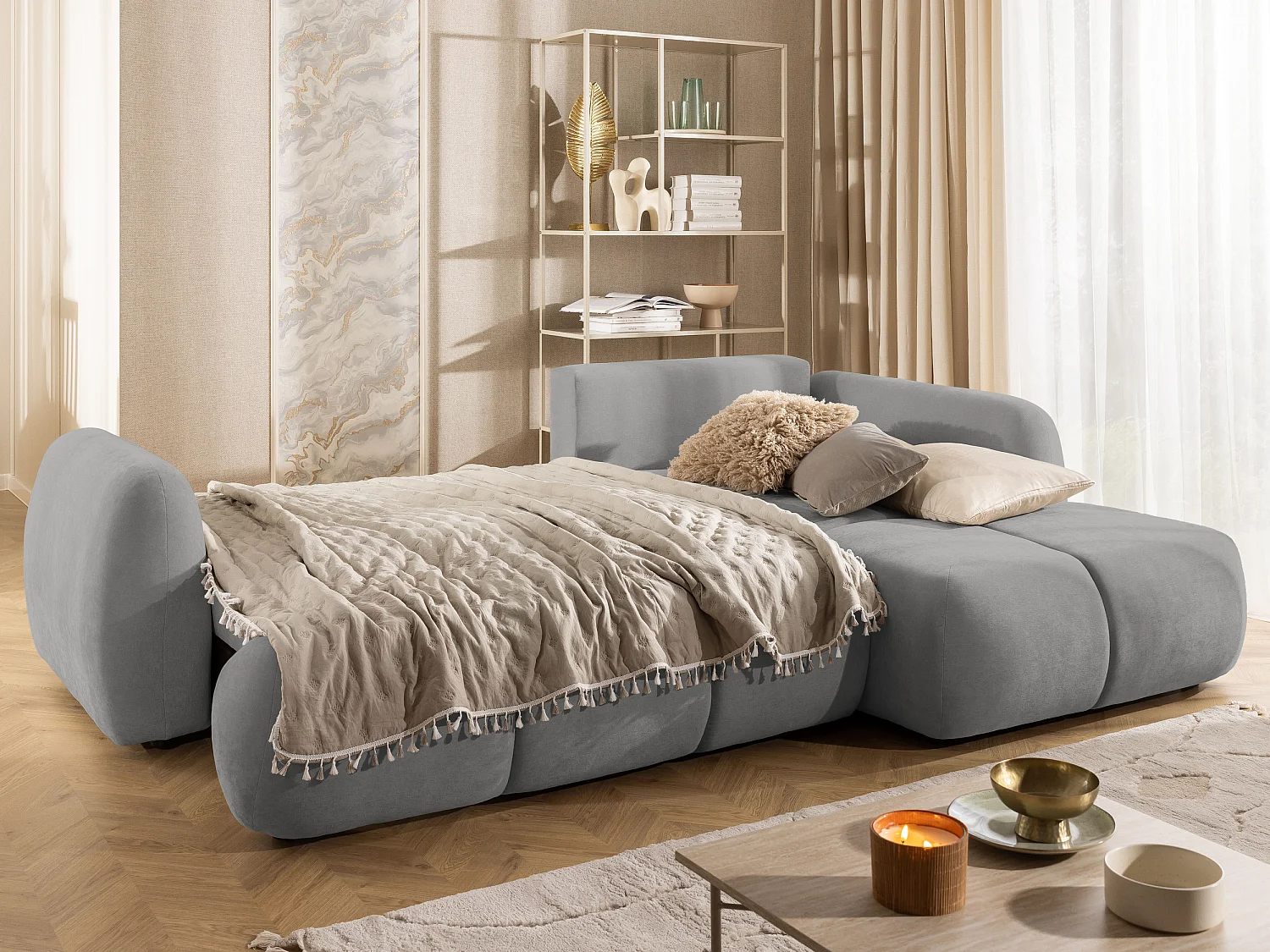 Canapé d’angle avec fonction couchage en tissu tissé LORETTO