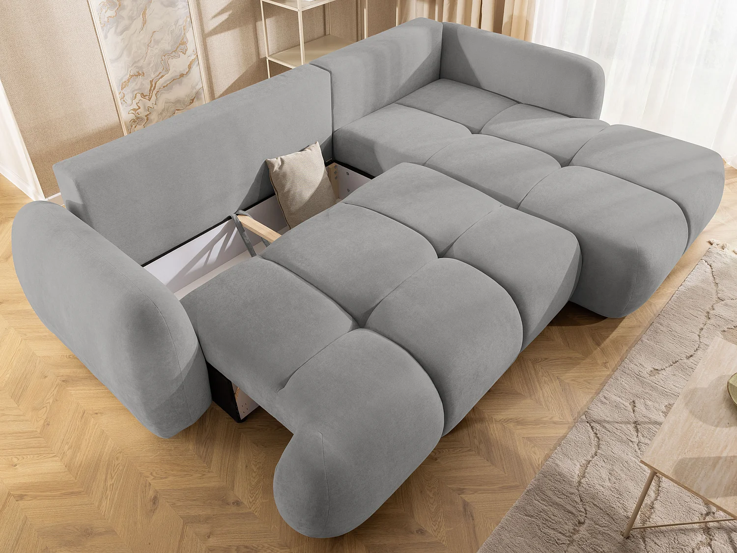 Canapé d’angle avec fonction couchage en tissu tissé LORETTO