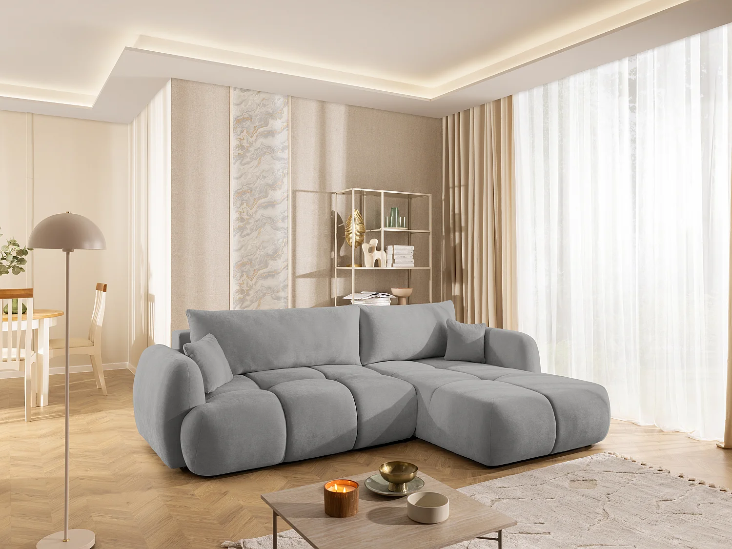 Canapé d’angle avec fonction couchage en tissu tissé LORETTO