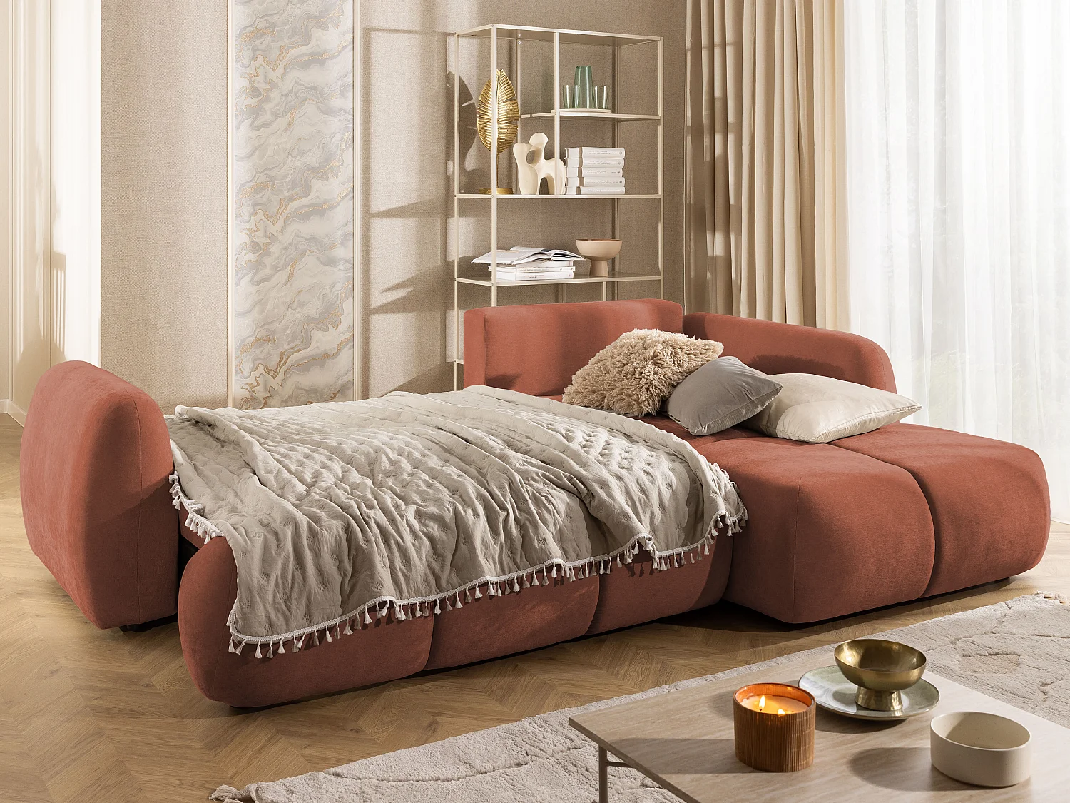 Canapé d’angle avec fonction couchage en tissu tissé LORETTO