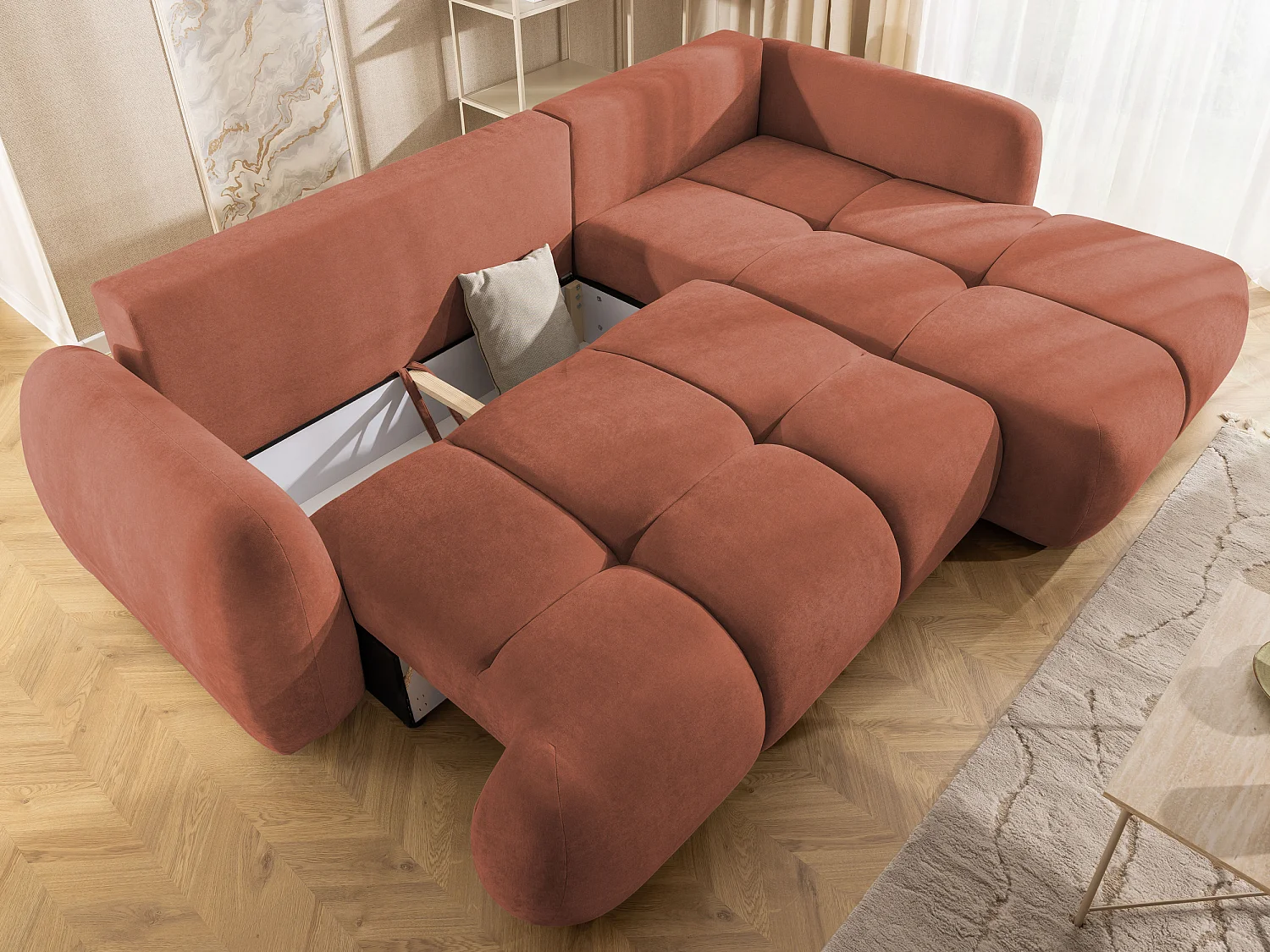 Canapé d’angle avec fonction couchage en tissu tissé LORETTO