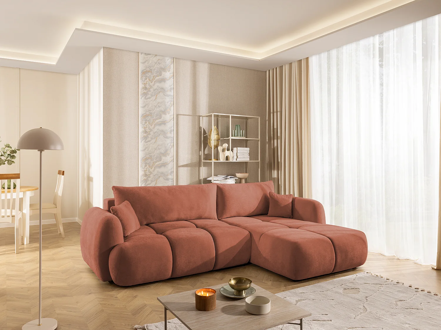 Canapé d’angle avec fonction couchage en tissu tissé LORETTO