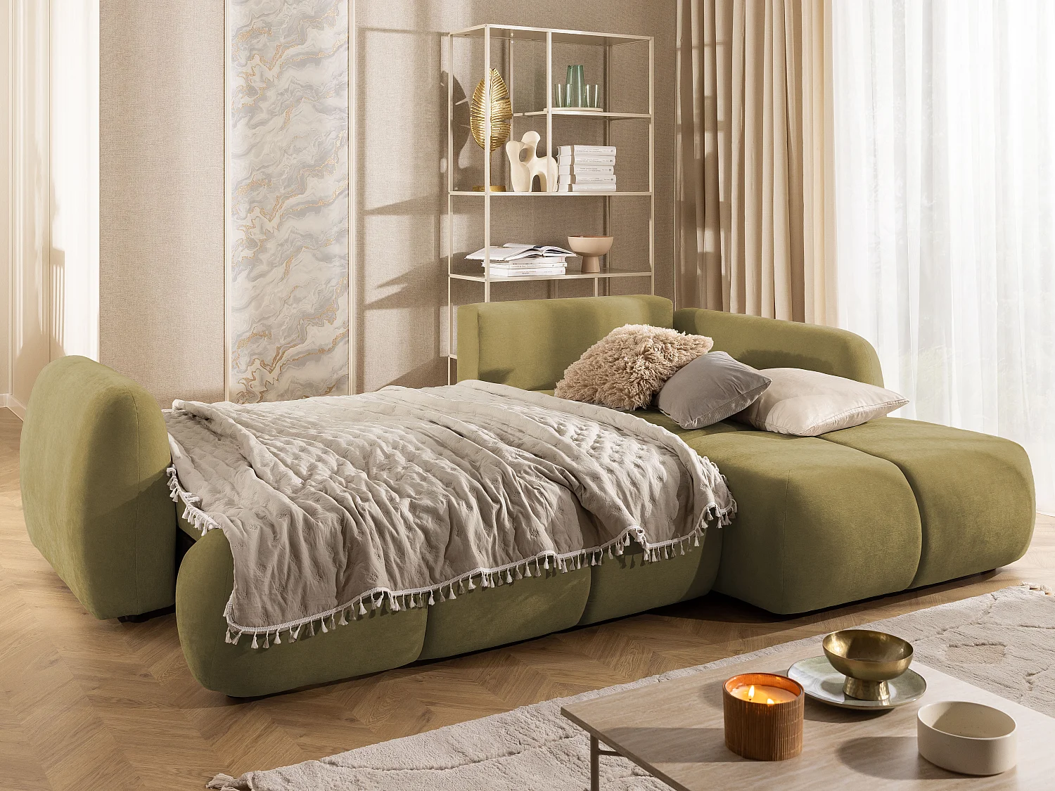 Canapé d’angle avec fonction couchage en tissu tissé LORETTO