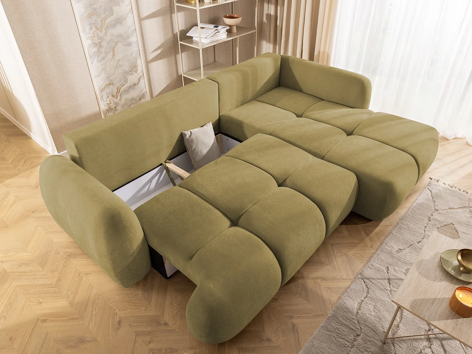 Canapé d’angle avec fonction couchage en tissu tissé LORETTO
