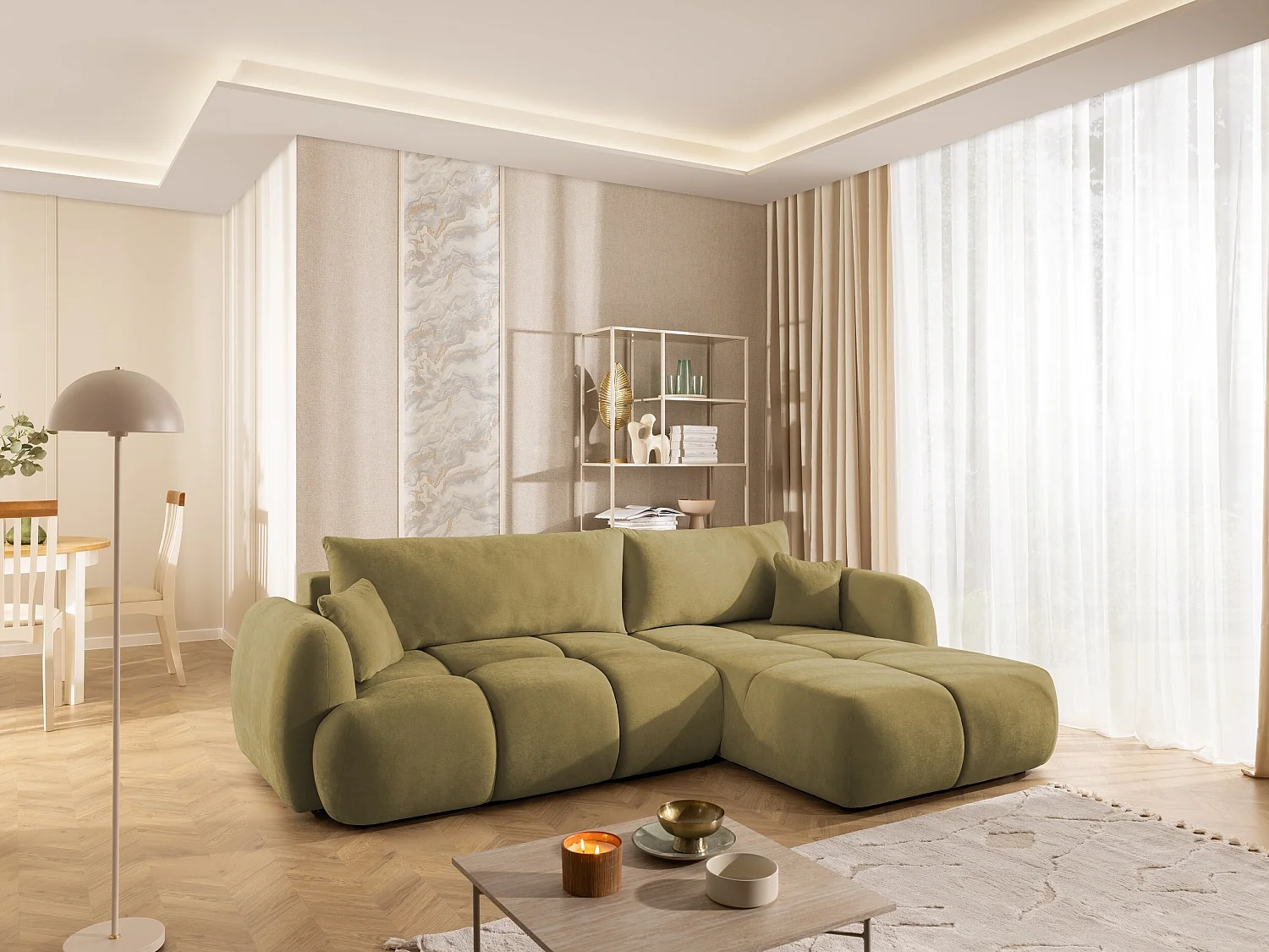 Canapé d’angle avec fonction couchage en tissu tissé LORETTO
