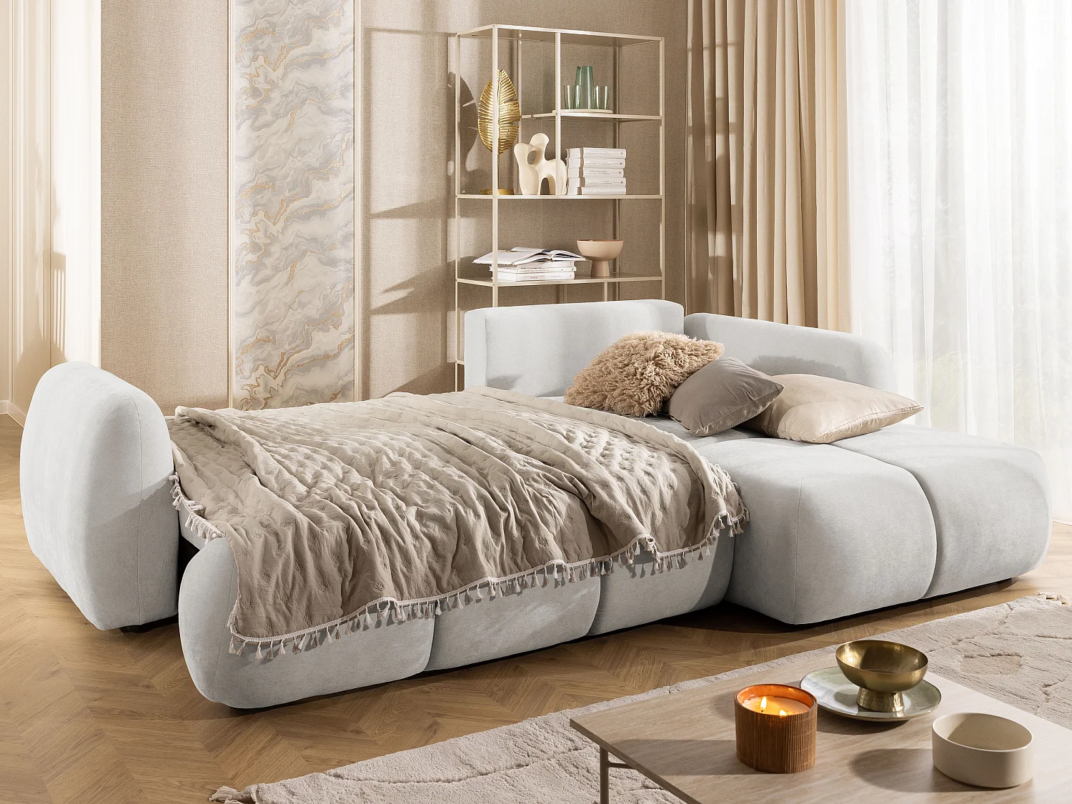 Canapé d’angle avec fonction couchage en tissu tissé LORETTO