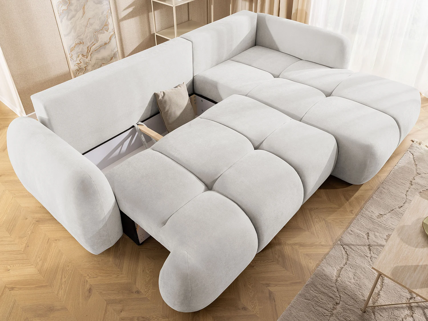 Canapé d’angle avec fonction couchage en tissu tissé LORETTO