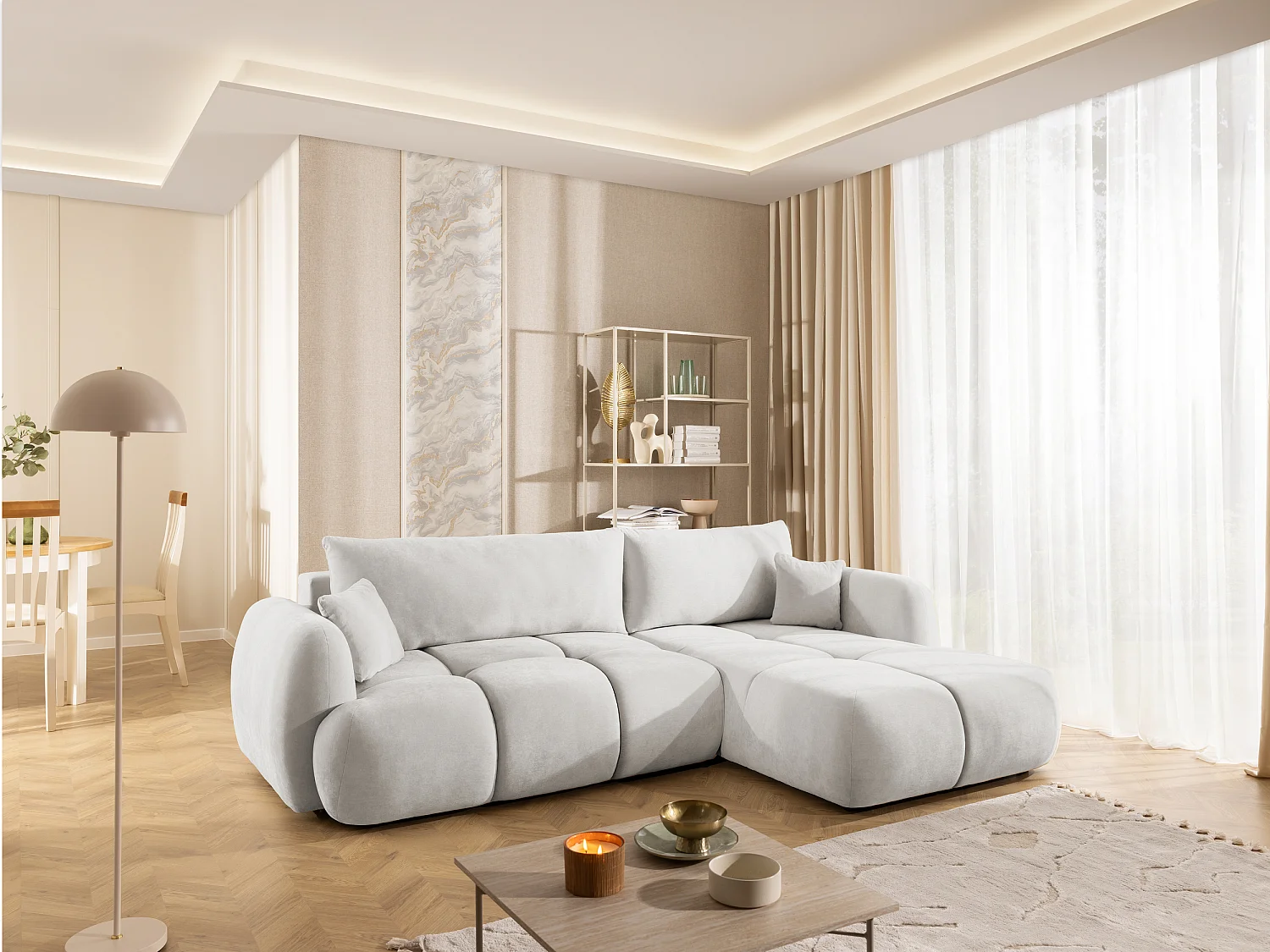 Canapé d’angle avec fonction couchage en tissu tissé LORETTO