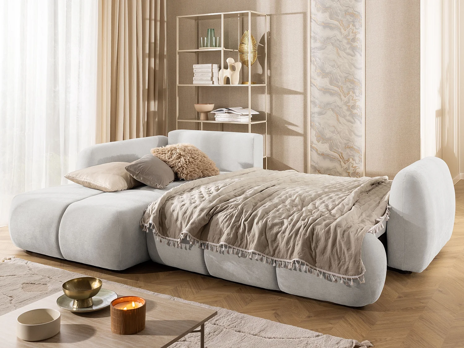 Canapé d’angle avec fonction couchage en tissu tissé LORETTO