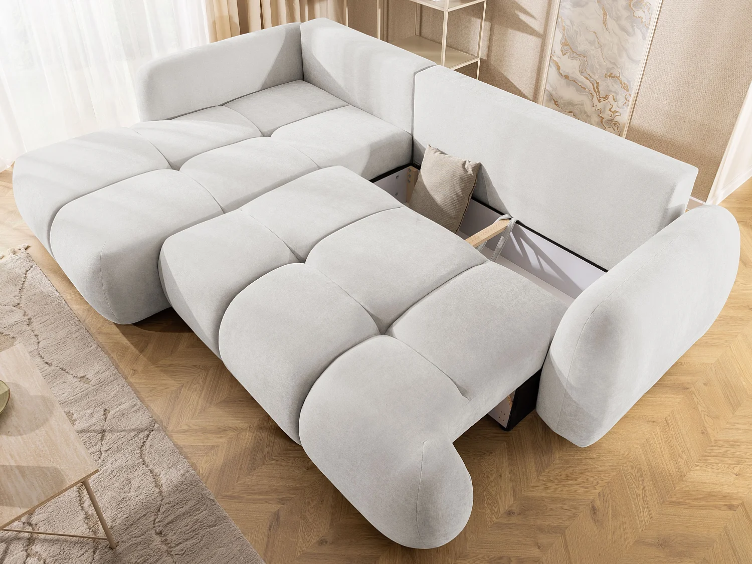 Canapé d’angle avec fonction couchage en tissu tissé LORETTO