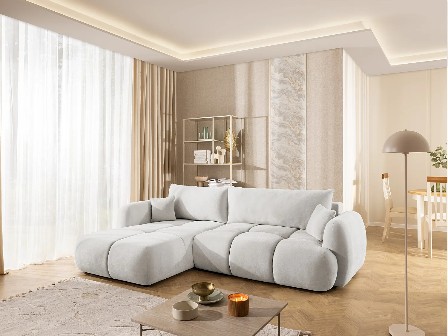 Canapé d’angle avec fonction couchage en tissu tissé LORETTO