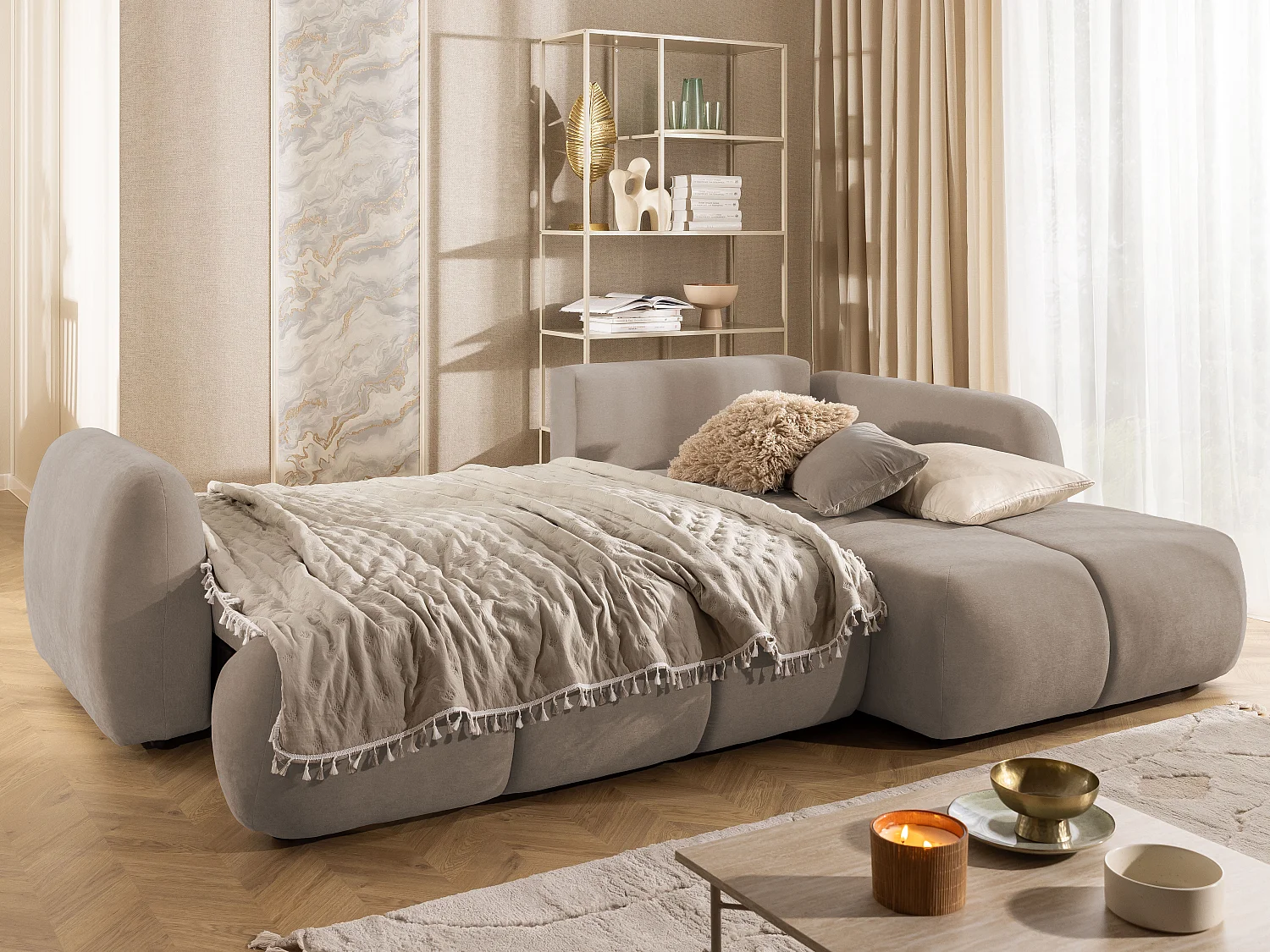 Canapé d’angle avec fonction couchage en tissu tissé LORETTO