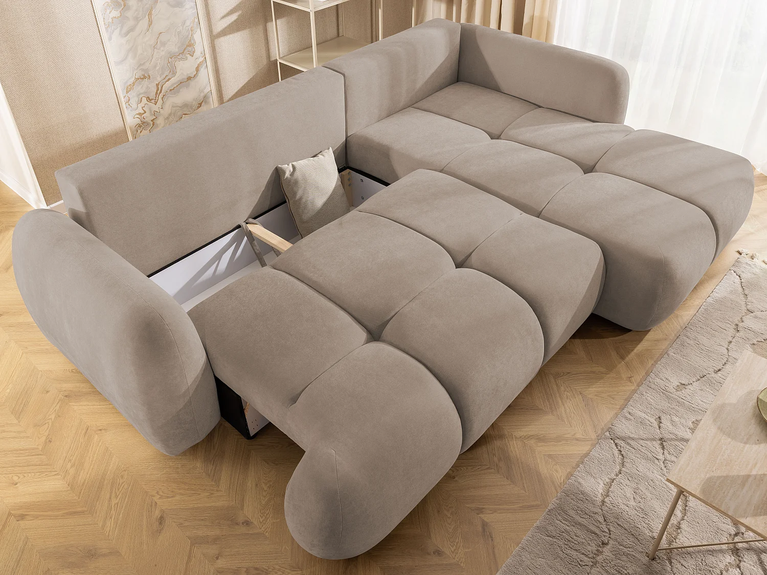 Canapé d’angle avec fonction couchage en tissu tissé LORETTO