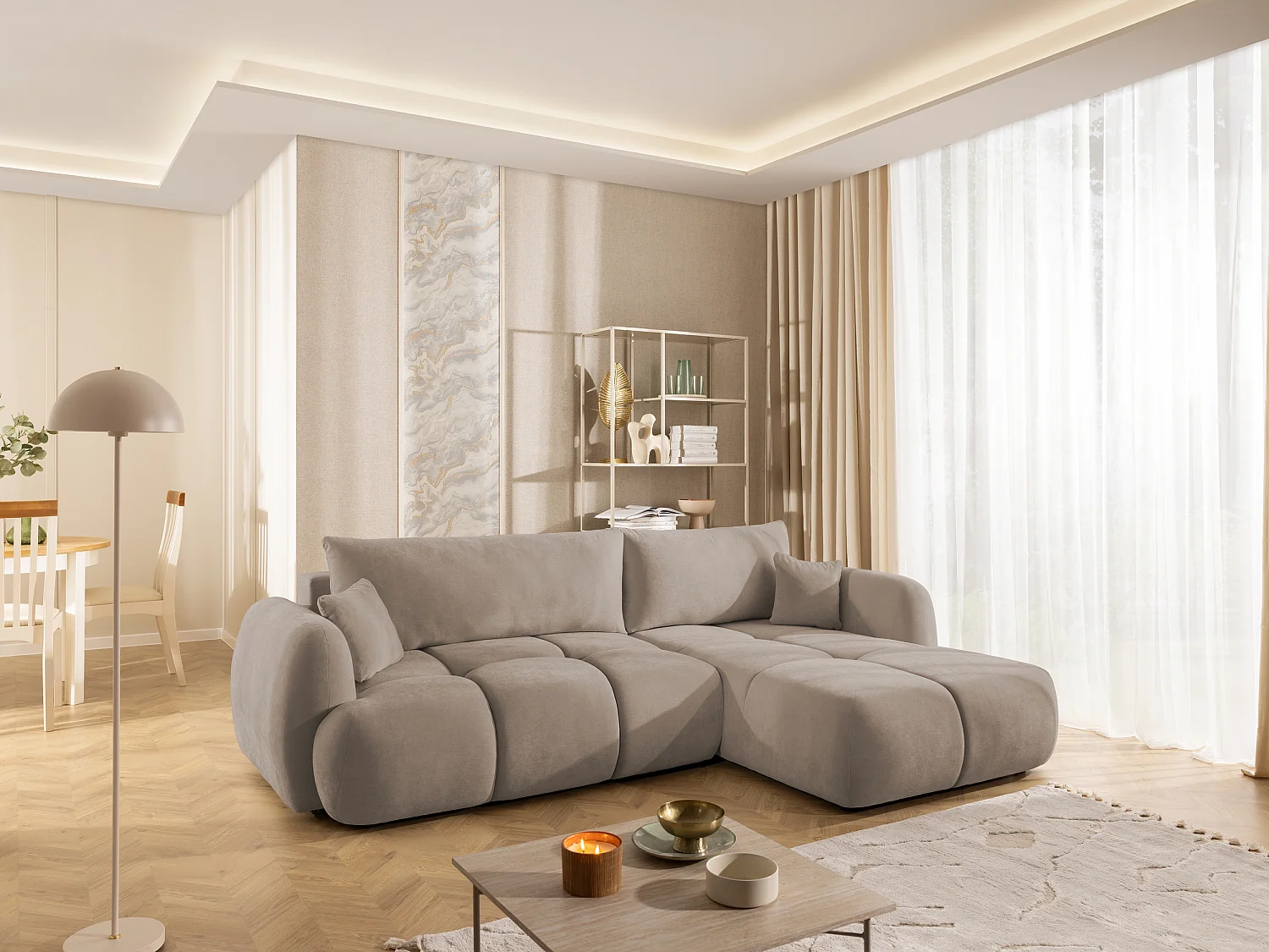 Canapé d’angle avec fonction couchage en tissu tissé LORETTO