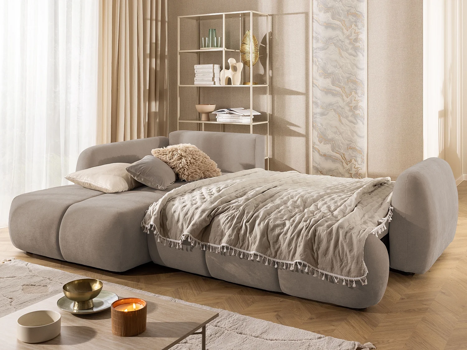 Canapé d’angle avec fonction couchage en tissu tissé LORETTO