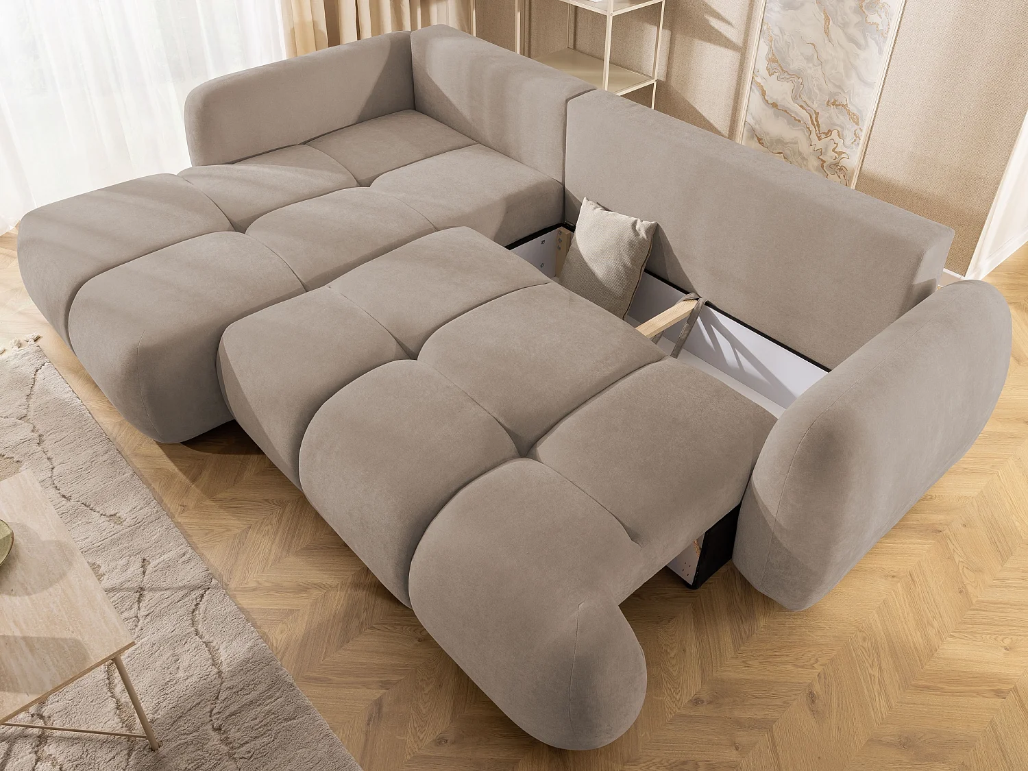 Canapé d’angle avec fonction couchage en tissu tissé LORETTO