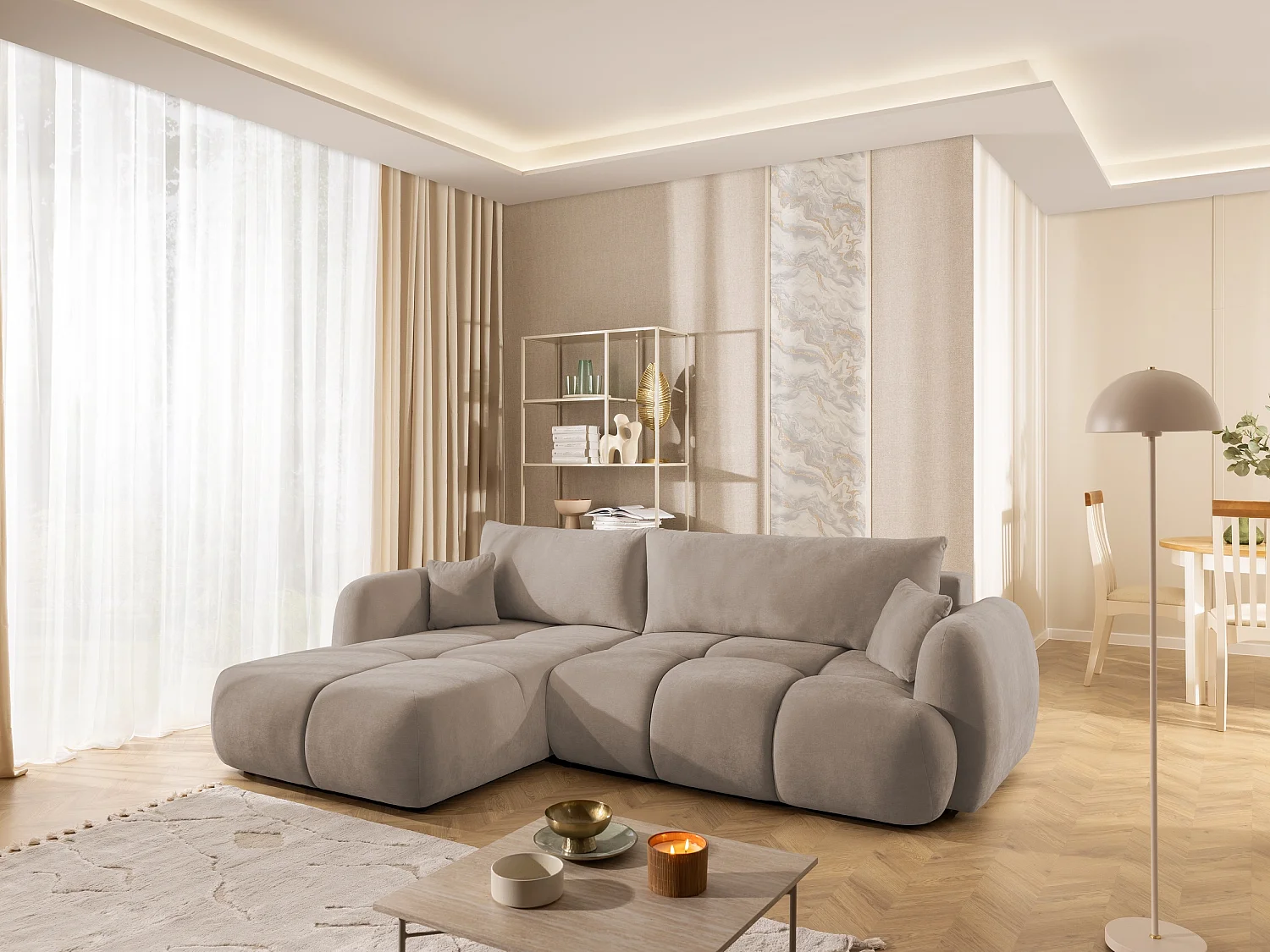 Canapé d’angle avec fonction couchage en tissu tissé LORETTO