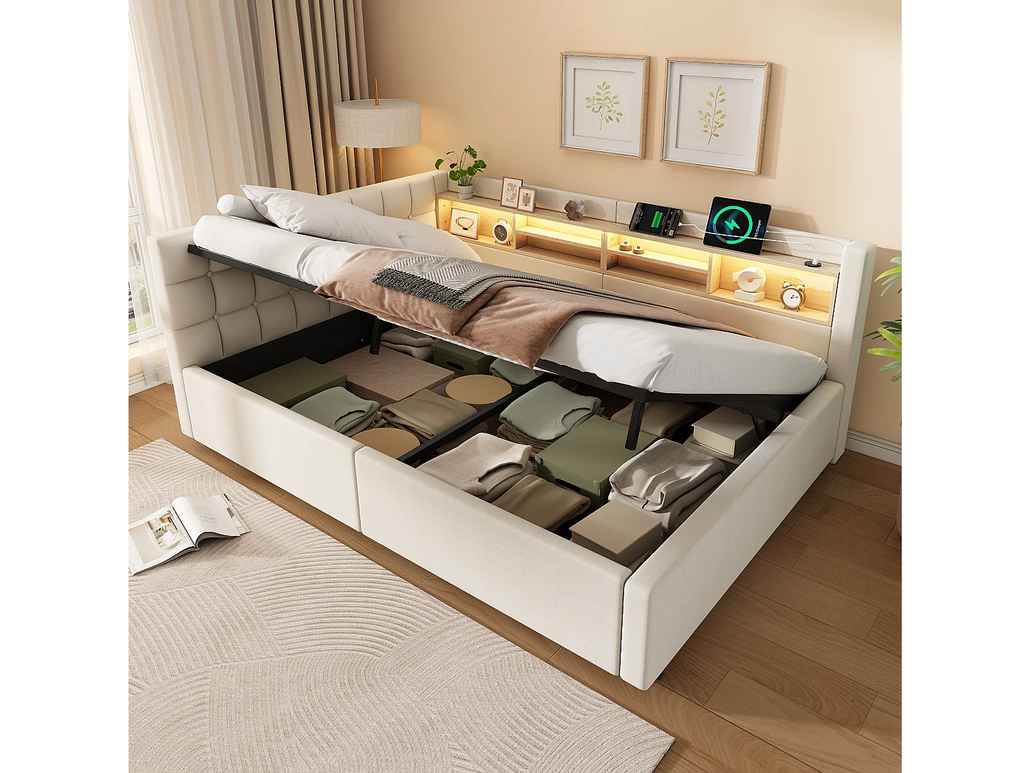 Letto contenitore 140 x 200 cm con vano contenitore idraulico, ripiani, illuminazione a LED regolabile e porta USB - Lino - Beige (Materasso non incluso)