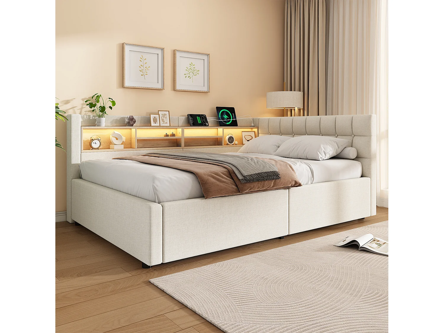 Letto contenitore 140 x 200 cm con vano contenitore idraulico, ripiani, illuminazione a LED regolabile e porta USB - Lino - Beige (Materasso non incluso)