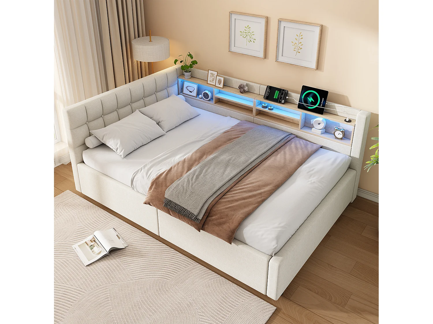 Letto contenitore 140 x 200 cm con vano contenitore idraulico, ripiani, illuminazione a LED regolabile e porta USB - Lino - Beige (Materasso non incluso)