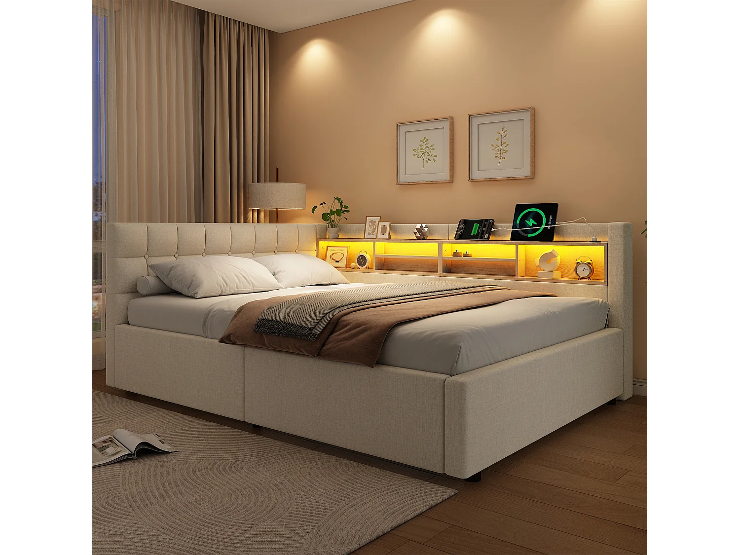 Letto contenitore 140 x 200 cm con vano contenitore idraulico, ripiani, illuminazione a LED regolabile e porta USB - Lino - Beige (Materasso non incluso)