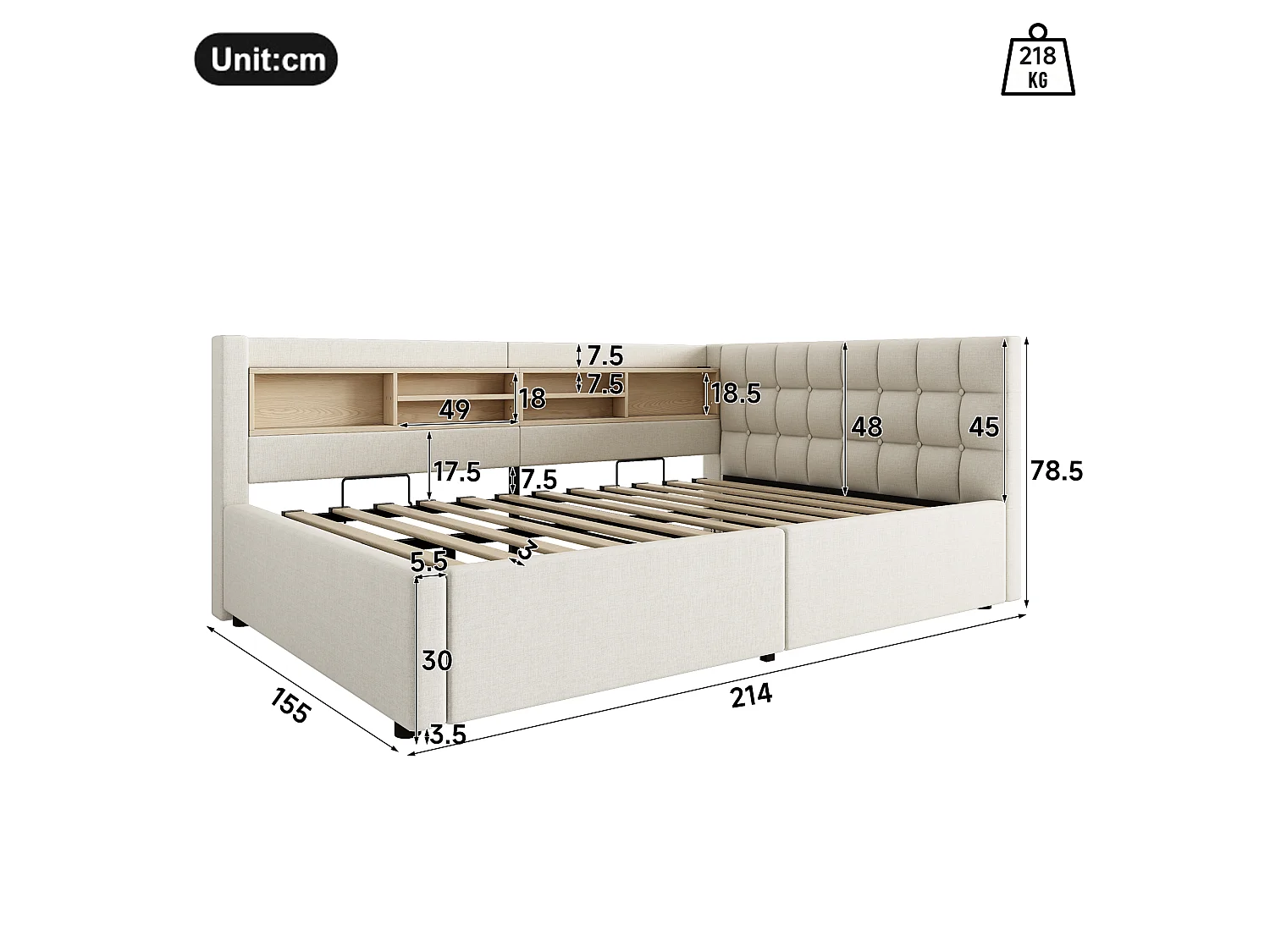 Letto contenitore 140 x 200 cm con vano contenitore idraulico, ripiani, illuminazione a LED regolabile e porta USB - Lino - Beige (Materasso non incluso)