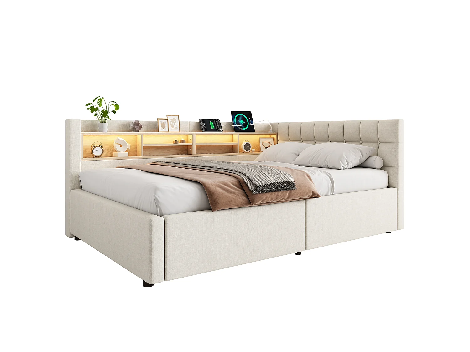 Letto contenitore 140 x 200 cm con vano contenitore idraulico, ripiani, illuminazione a LED regolabile e porta USB - Lino - Beige (Materasso non incluso)